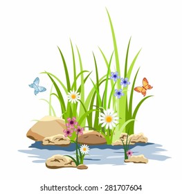 Green grass and flowers in the rocks