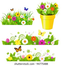 Green Grass With Flowers Set, Isolated On White Background, Vector Illustration