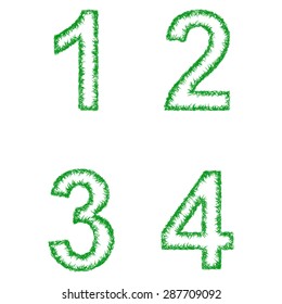 Green grass font design set - numbers 1, 2, 3, 4
