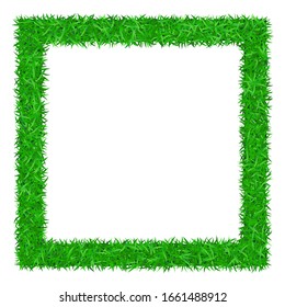 Green grass frame 3D, isolated on white background. Lawn greenery nature. Abstract texture empty border. Ground landscape pattern Grassy design. Ecology environment. Grow meadow Vector illustration