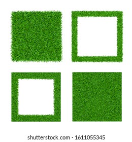 Green grass frame 3D set isolated white background. Seamless pattern Lawn greenery nature. Abstract texture square border. Landscape grassy design Ecology environment. Grow meadow Vector illustration