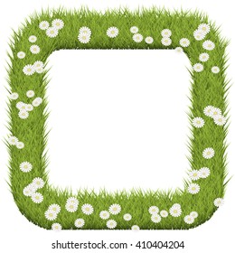 Marco de césped verde. Campo con flores de manzanilla. Fondo de la ilustración del vector.