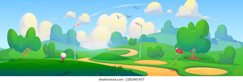 Fondo vectorial del campo de oro de hierba verde. Parque de verano con bandera y bola en el entorno pradera para torneos. Patio al aire libre para jugar en la cancha en el diseño de banner panorámico de jardín nacional.