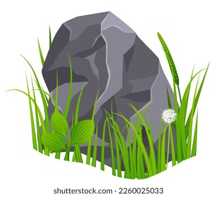 Green grass with gray rock. Game landscape element
