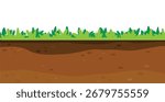 Green grass and ground cross-section, seamless underground level texture. Cutaway, cut lawn surface and soil, earth subterranean layers. Flat graphic vector illustration isolated on white background