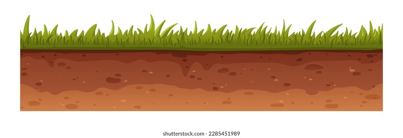 Green grass and ground cross-section, seamless underground level texture. Cutaway, cut lawn surface and soil, earth subterranean layers. Flat graphic vector illustration isolated on white background