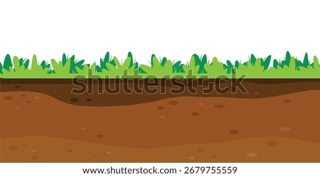 Green grass and ground cross-section, seamless underground level texture. Cutaway, cut lawn surface and soil, earth subterranean layers. Flat graphic vector illustration isolated on white background