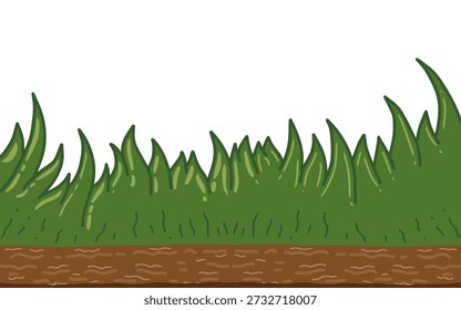 Ilustração da fronteira da grama verde e do solo térreo. Campo de grama de prado de desenho animado à mão com vetor de terra suja