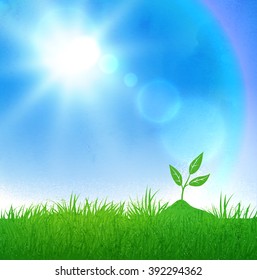 Green grass and growing sprout on blue sky and sunlight background.