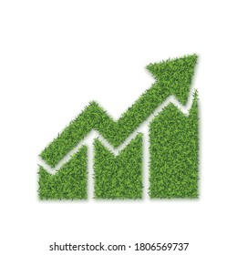 Gráfico verde de crecimiento de hierba sobre fondo blanco. Tres barras de césped con flecha 3D Ilustración vectorial