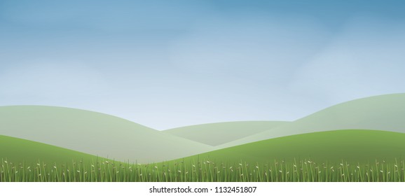 Green grass hill with blue sky. Abstract background park and outdoor for landscape idea. Use for natural article both on print and website. Vector illustration.