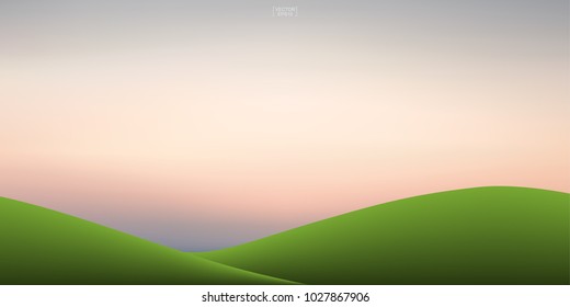 Green grass hill and sunset sky background. Outdoor natural background for template design. Vector illustration.