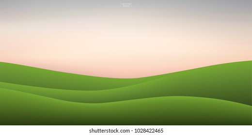 Green grass hill and sunset sky background. Outdoor natural background for template design. Vector illustration.