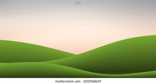 Green grass hill and sunset sky background. Outdoor natural background for template design. Vector illustration.