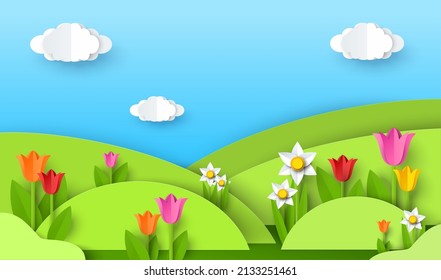 Green grass hills, spring flowers, blue sky with white clouds, vector illustration in paper art style. Nature landscape, spring background.