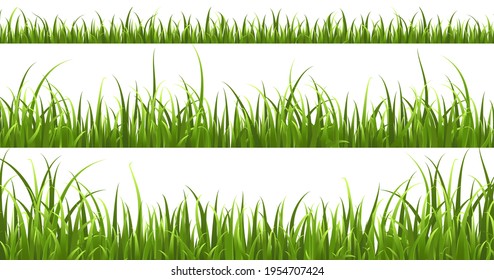 Green grass horizontal borders. Lawn shape meadow landscape collection, panorama summer nature herbs, bright hedge pattern, spring decorative elements, botanical frame vector isolated set