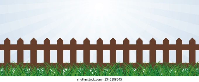 Green grass with horizontal fence balustrade. For grass, flower border. Vector wooden, privacy barrier. Picket fences icon or sign. Panel board. fencepost or fence post. For garden or farmer.