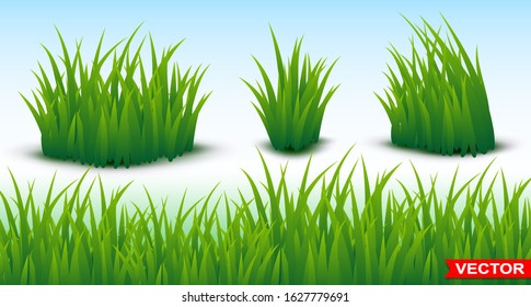 Green grass horizontal texture background. Nature meadow or field seamless pattern. Grassy design and ground landscape. Cartoon style. Isolated on white. Layered vector set.