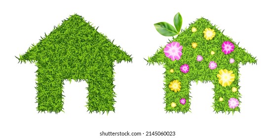 Green Grass Houses Isolated. Eco Home Icon, Ecological, Property Symbols on White Background, Green House Vector Illustration
