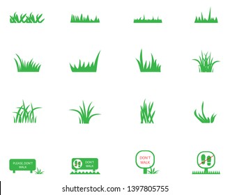 Green Grass Icons Set - Isolated On White Background. Grass Vector Illustration. Flat Plant Vector For Logo Design, Lawn Symbol, Herbal And Park Design. Cartoon Style