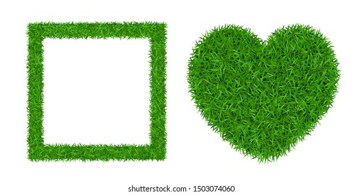 Green grass isolated background 3D set. Lawn greenery nature heart. Grass frame square. Ecology garden, heart-shape. Grassy decorative design meadow texture. Environment concept Vector illustration