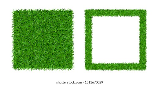 Green grass isolated background 3D set. Lawn greenery nature frame. Abstract soccer field texture square border. Ground landscape pattern Grassy design. Ecology environment meadow Vector illustration