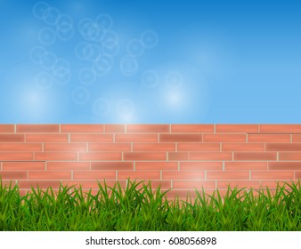 Green Grass Isolated on Red Brick Wall and Blue Sky. Vector Illustration.