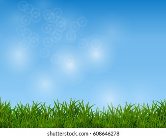 Green Grass Isolated on Sparkling Blue Sky Background. Vector Illustration.