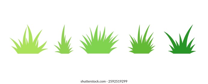 The green grass is isolated on a white background. A set of icons, a bunch of young, fresh, spring greens, a vector cartoon illustration is hand-drawn. A natural element for decoration and design