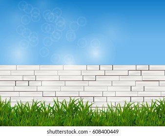 Green Grass Isolated on White Brick Wall and Blue Sky. Vector Illustration.