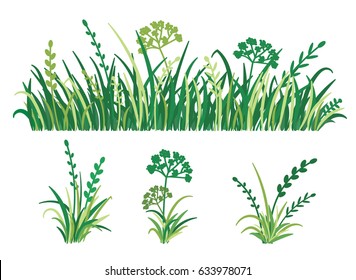 Green grass isolated on white background, vector illustration. Horizontal banners of meadow silhouettes.