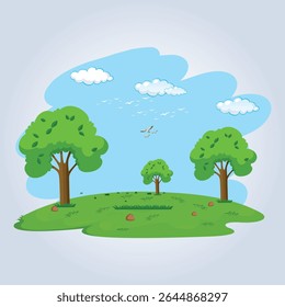 Green grass landscape art design with blue sky and birds like a garden
