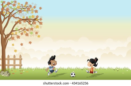 Green grass landscape with boy and girl playing football / soccer
