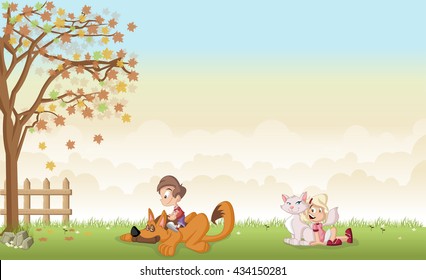 Green grass landscape with cartoon boy and girl with dog and cat
