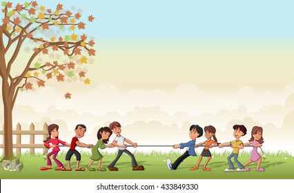Green grass landscape with children playing Tug Of War
