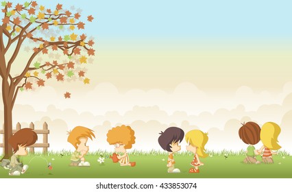 Green grass landscape with cute cartoon kids in love

