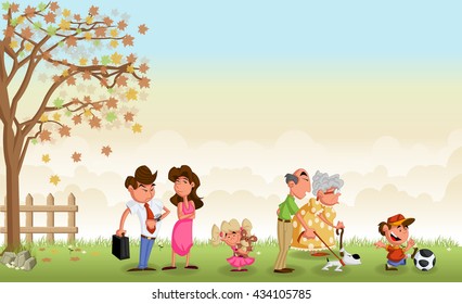 Green grass landscape with cute cartoon family.
