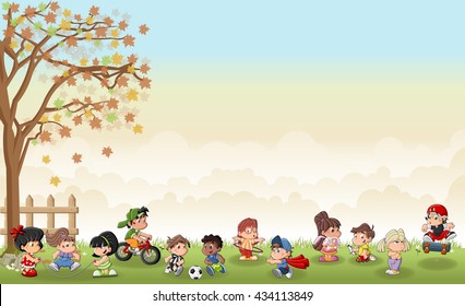 Green Grass Landscape With Cute Cartoon Kids Playing. Sports And Recreation.
