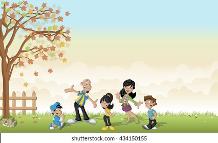 Green grass landscape with cute cartoon latin family.
