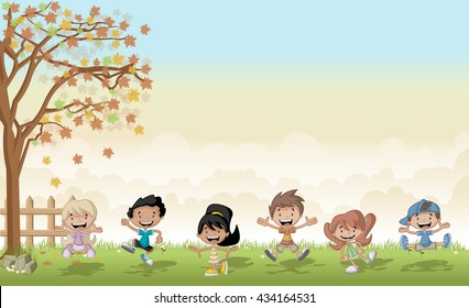 Green grass landscape with cute cartoon kids jumping.