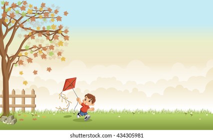 Green grass landscape with cute cartoon boy with a kite
