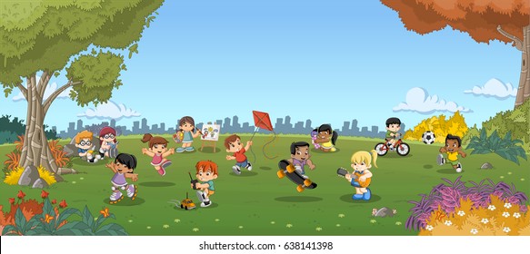 Green Grass Landscape With Cute Cartoon Kids Playing. Sports And Recreation.
