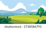 Green grass landscape view with trees, sky and clouds panoramic