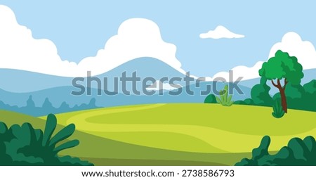 Green grass landscape view with trees, sky and clouds panoramic