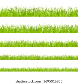 Green grass. Landscaped lawns, meadows border clipart. Isolated organic pasture or garden objects shapes. Lush herb vector seamless pattern