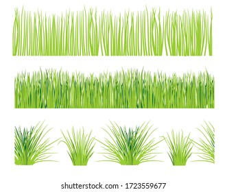 Green grass lawn, border or meadow vector illustration set. Horizontal seamless background.