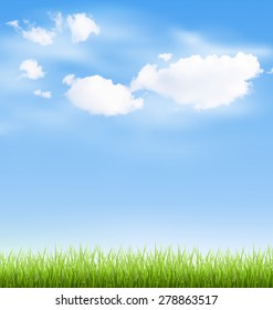 Green grass lawn with clouds on blue sky