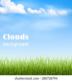 Green grass lawn with clouds on blue sky