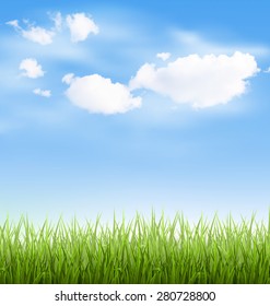 Green grass lawn with clouds on blue sky