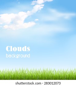 Green grass lawn with clouds on blue sky